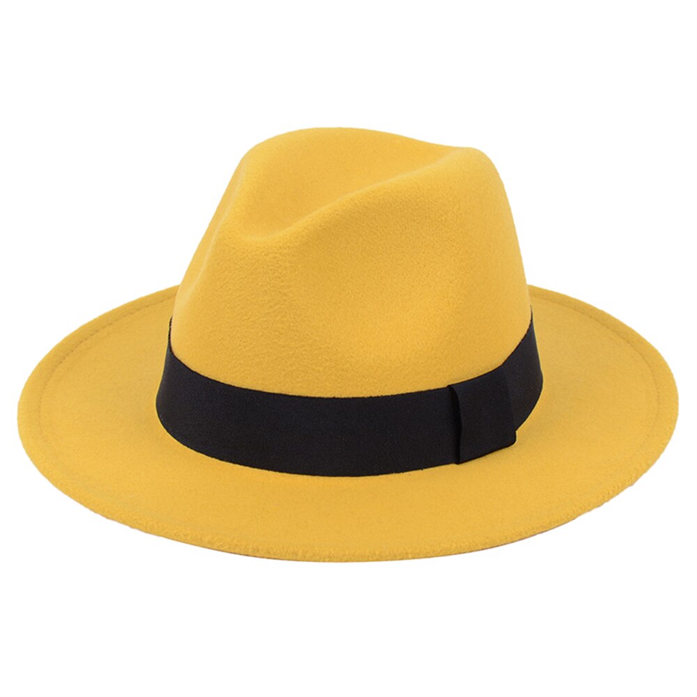 Dames heren britse retro grote vilt fedora's rand hoed zwarte wollen vilt vintage herenhoed platte rand hoge hoed: Geel