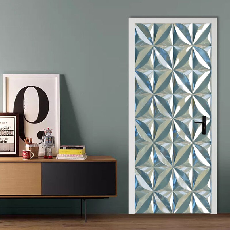 PVC Self-Adhesive Door Sticker 3D Stereo Blue Crystal Diamond Geometrtic Mural Wallpaper Living Room Art Door Poster 3D Decals