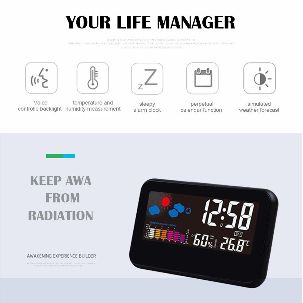 Zegar pogodowy wyświetlacz cyfrowy termometr zegar wilgotności kalendarz alarmowy LCD alarm stacji meteorologicznej bezprzewodowy miernik temperatury