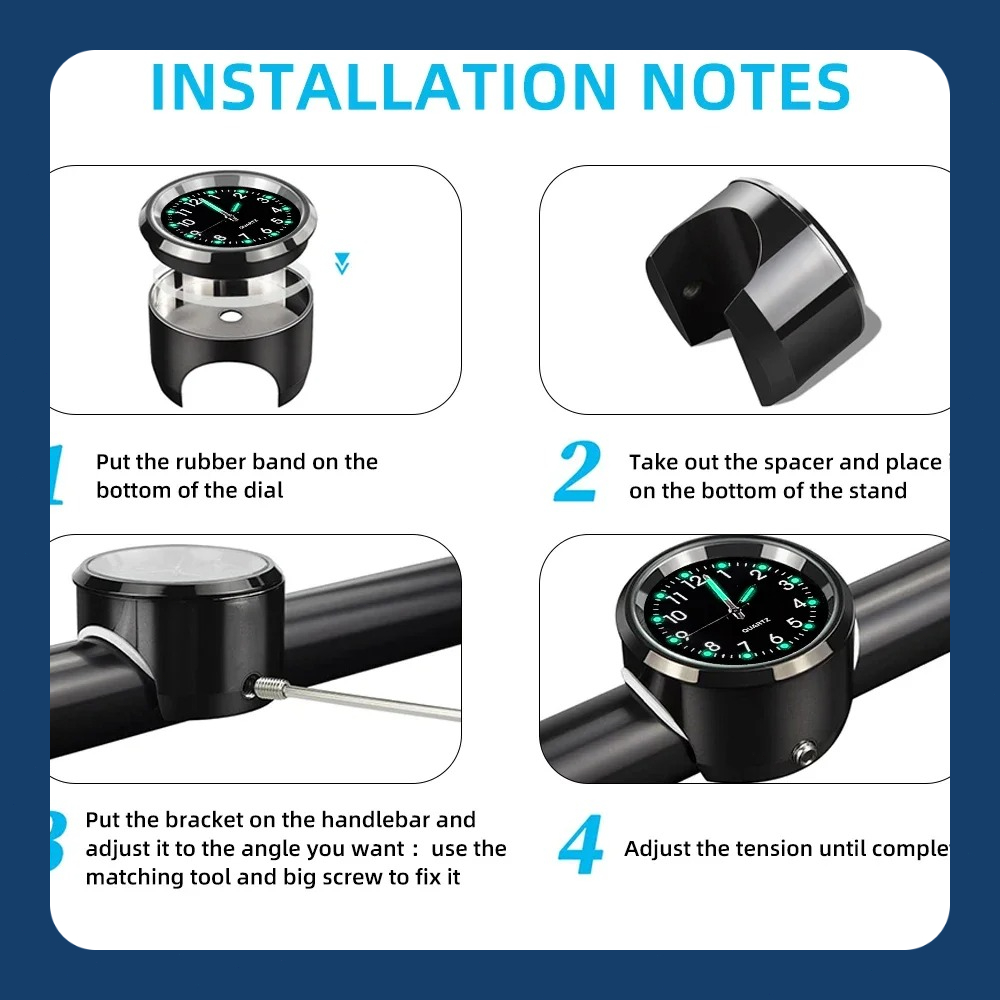Świecący zegarek motocyklowy na kierownicę, wodoodporny zegarek kwarcowy, lekki, modny zegarek motocyklowy, wyposażenie robić skutera, motoru, ATV.