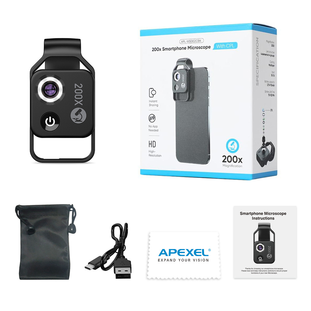 200X Phone Mini Pocket Microscope w/ LED Light/Universal Clip,Nano Zoom Digital Microscope Camera,Microworld for Kids Adults: WHITE