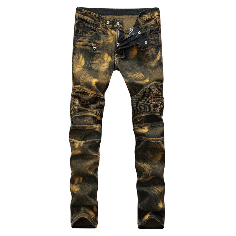 KH Men's Jeans Pleated Motorcycle Biker Denim Pants Men Slim Elastic Yellow Punk Trousers Plus size 28~42: 42
