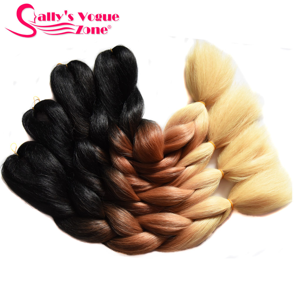 Sallyhair 24inch Ombre 3 Tone Black Purple Silver Grey Color Synthetic Braiding Hair Extension Colored Bulk Hair: T1B/Blue