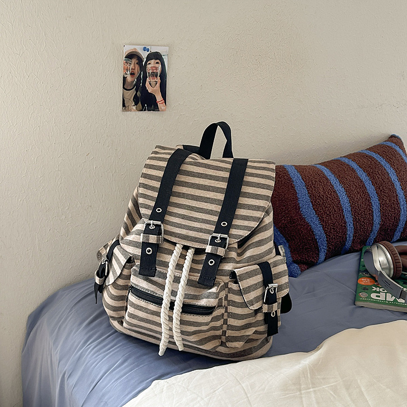 2025 Nowy koreański plecak w paski dla kobiet Modny, mały i wyjątkowy, duża pojemność, wszechstronny, plecak studencki: Khaki