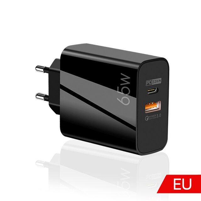 2 in 1 65W GaN Charger Quick Charge 4.0 3.0 Type C PD USB Charger with QC 4.0 3.0 Portable Fast Charger For iPhone 12 13 Samsung: EU black