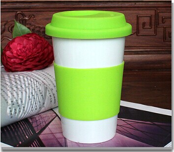 Taza de cerámica con aislamiento térmico, con tapa y funda de goma de silicona, porcelana de Taza de Viaje reutilizable, taza con impresión de logotipo: Verde claro