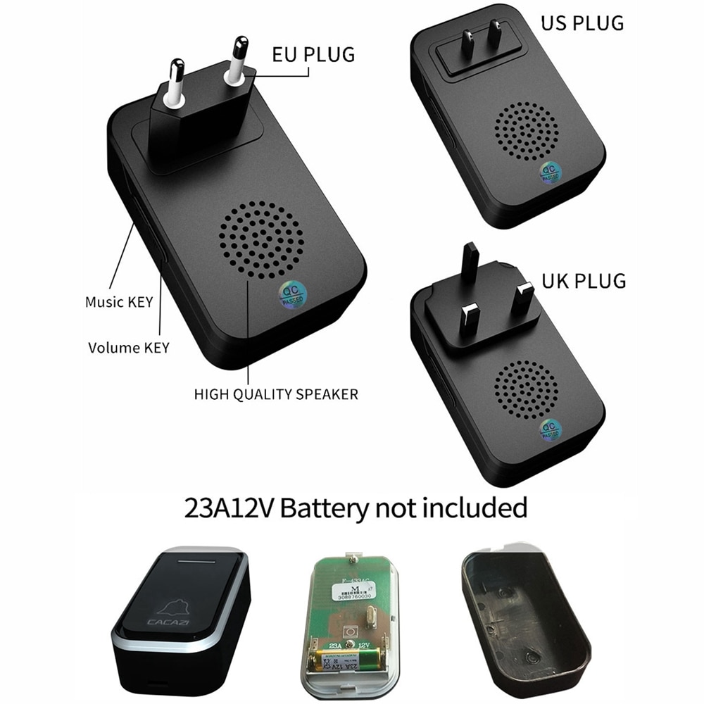 CACAZI Draadloze Deurbel Waterdicht 300M Remote 1 2 Knop 1 2 Ontvanger US EU UK Plug Smart Home Welkom bellen Deurbel