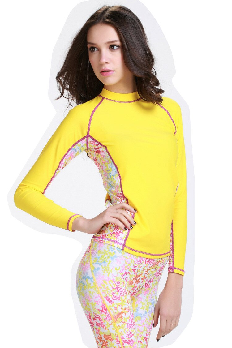 2016 verão nova proteção solar uv peles básicas femininas de manga curta tripulação rashguard topo amarelo: 925B / S