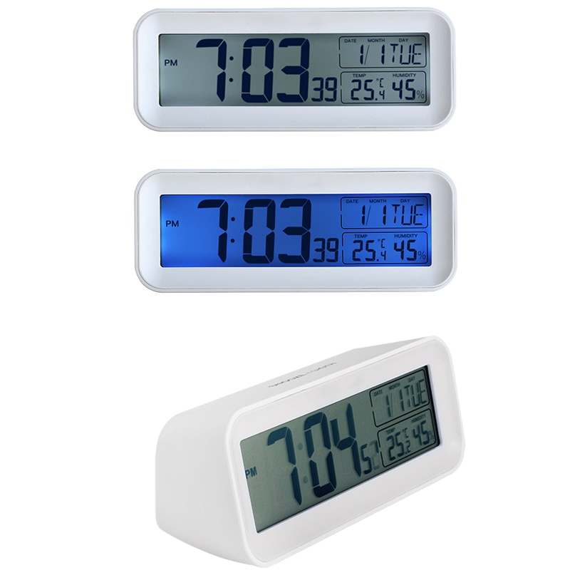 Mærke batteri strøm 12/24 timer snooze vækkeur, blå baggrundsbelysning temperatur luftfugtighed stort antal display bordur
