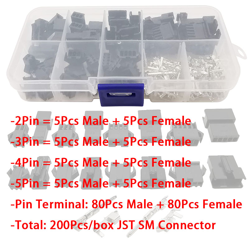 200 Stks/doos Jst Sm 2.54Mm Mannelijke Vrouwelijke Behuizing Pin Header Connector 2/3/4/5 Pin 2.54Mm Krimp Terminal Elektrische Draad Connector Kits: Default Title