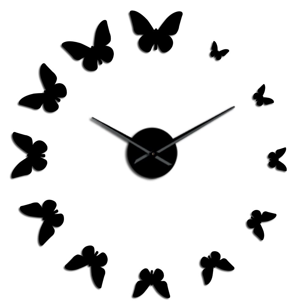 DIY Giant Wall Clock 3D Butterfly Mirror Large Numer Wall Clock Sticker Animal DIY Frameless Huge Modern Watch Decor: Black / 47inch