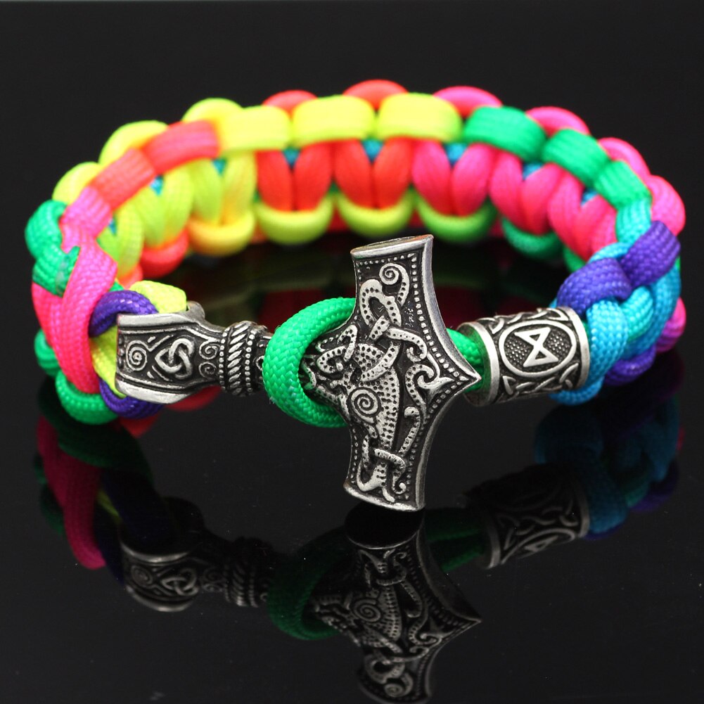 Youe Glänzte Nordischen Viking Thor Mjolnir Hammer Paracord Amuletceltic Rune Knoten Amulett Skandinavischen Licht Regenbogen Armband: S