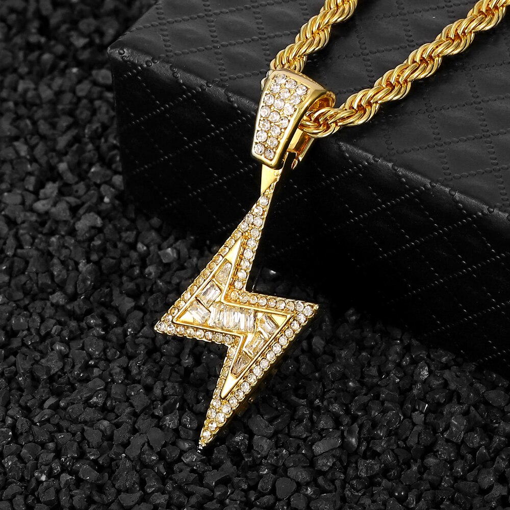 Hip Hop Lightning Pendant Necklace Gold Tennis Chain Iced Out Rhinestone Necklaces for Women Men collares de moda