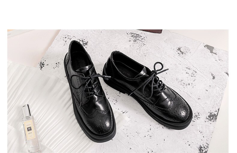 Zapatos Oxford con cordones para mujer, puntera redonda sólida, braguitas de costura, zapatos de piel sintética, zapatos planos informales de tacón grueso para mujer: 5