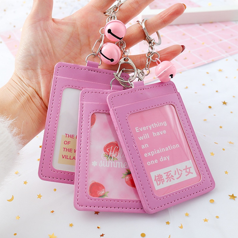 Pink Girl ID Card Holder PU Wallet With Small Bell Student Bus Card Set Cover Women Holder Bags Travel Accessories