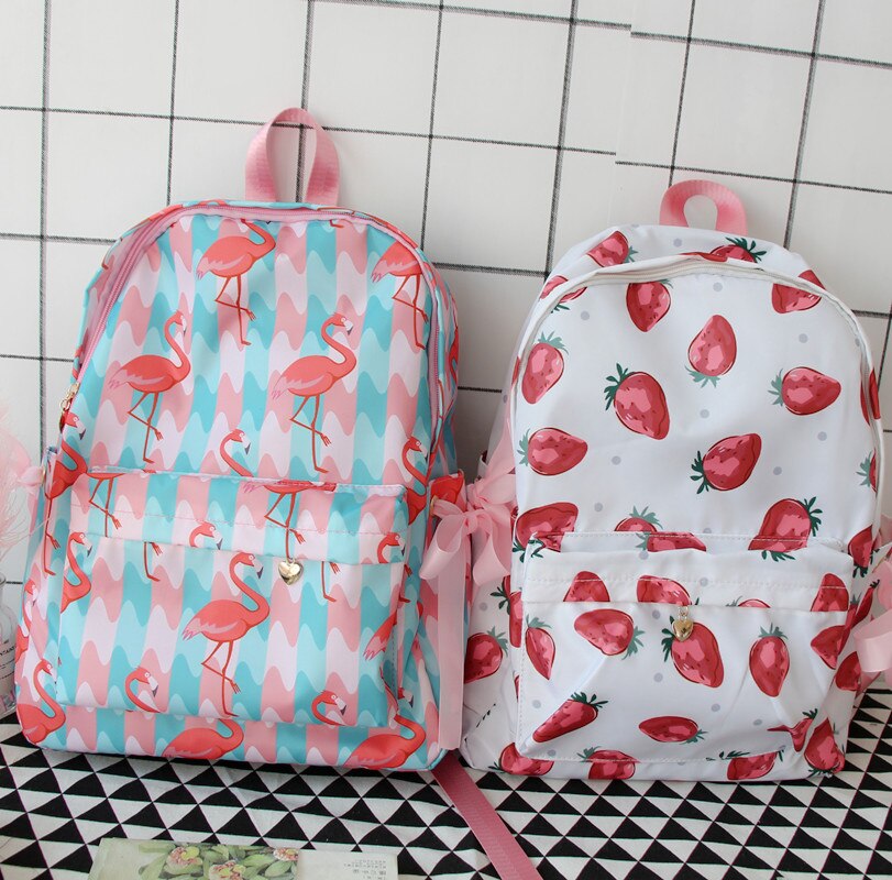 Chic harajuku japansk sjov jordbærtryk sløjfe rygsæk kvindelig koreansk ulzzang kawaii kæde afslappet kvindelig rygsæk