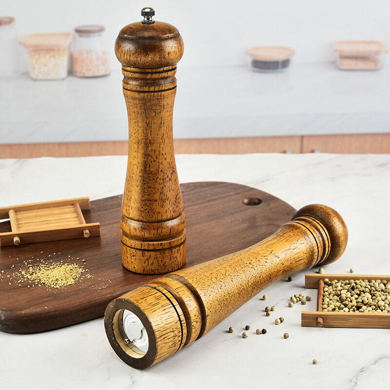 Natural Oak Wood Pepper Spice Mill Grinder Handheld Seasoning Mills Grinder Spice Milling Machine Adjustable Wood Pepper Shakers
