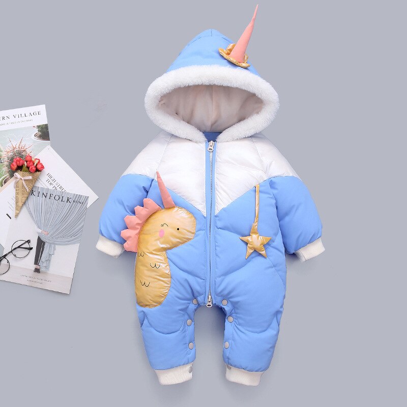 Geboren Fluwelen Winter Baby Kleding Meisje Romper Cartoon Dinosaurus Jongen Hooded Down Overall Kid Jas Peuter Jumpsuit Snowsuit: Blue / 6m