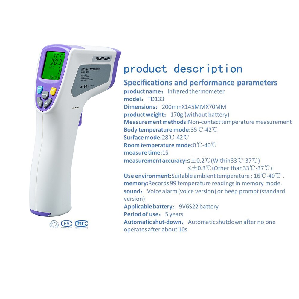Termómetro Digital infrarrojo para la frente, medidor de temperatura corporal LCD sin contacto, herramienta para medir la fiebre, 2 alarmas de retroiluminación