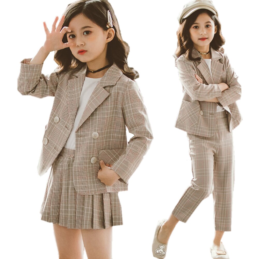 Veste + jupe + chemisier à carreaux pour filles, ensemble 3 pièces de de luxe, veste + jupe + chemisier, tenue décontractée pour adolescentes, printemps et automne