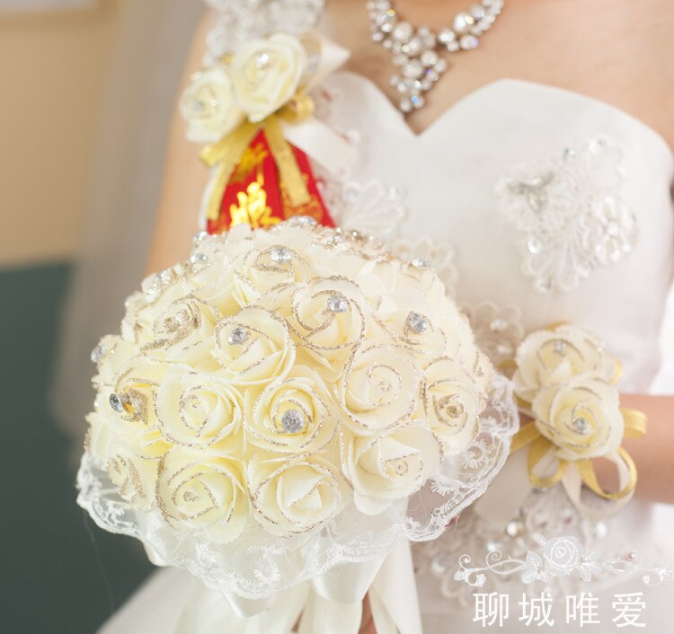 Mooie Paars Bruidsboeket Handgemaakte Bridal Bloem Bruidsboeketten Kunstmatige Parels Bloem Roos Boeket roze paars wit