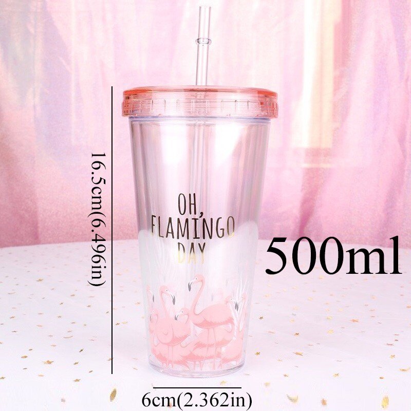 500ml flamingo plast rejse te kaffe krus halm kop tubuli med låg sød tegneserie drikker dobbelt væg til mælkesaft vand: 500ml mange fugle