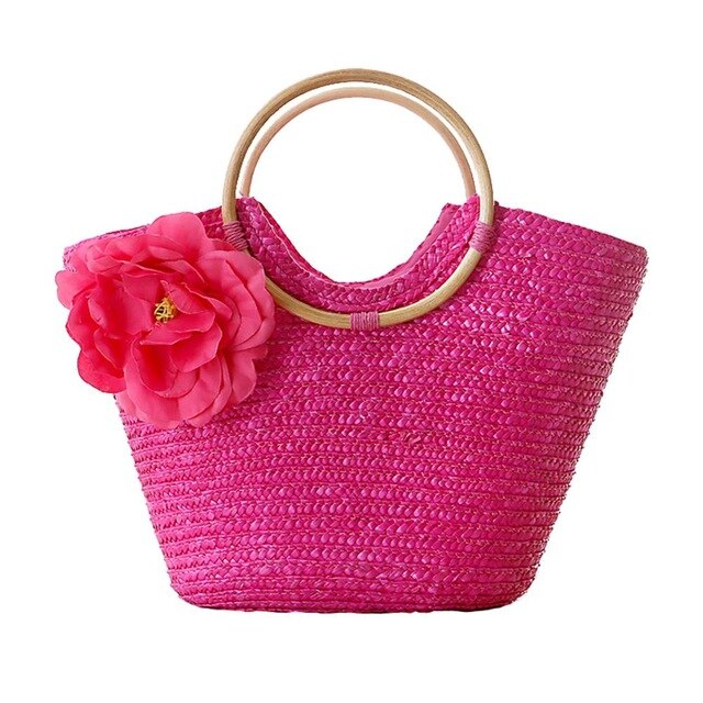Reine Hand-woven Tasche Mit Blume Rattan Gewebt Griff Lagerung Paket Taschen Natürliche Armbänder Taschen Für Frauen: Heißes Rosa
