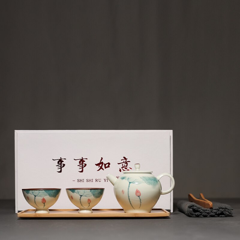 PINNY Ceramic Hand Painted Lotus Ceramic Tea Set 1 Pot 2 Cups 150ML Kung Fu Teapots Porcelain Teacups Pigmented Drinkware
