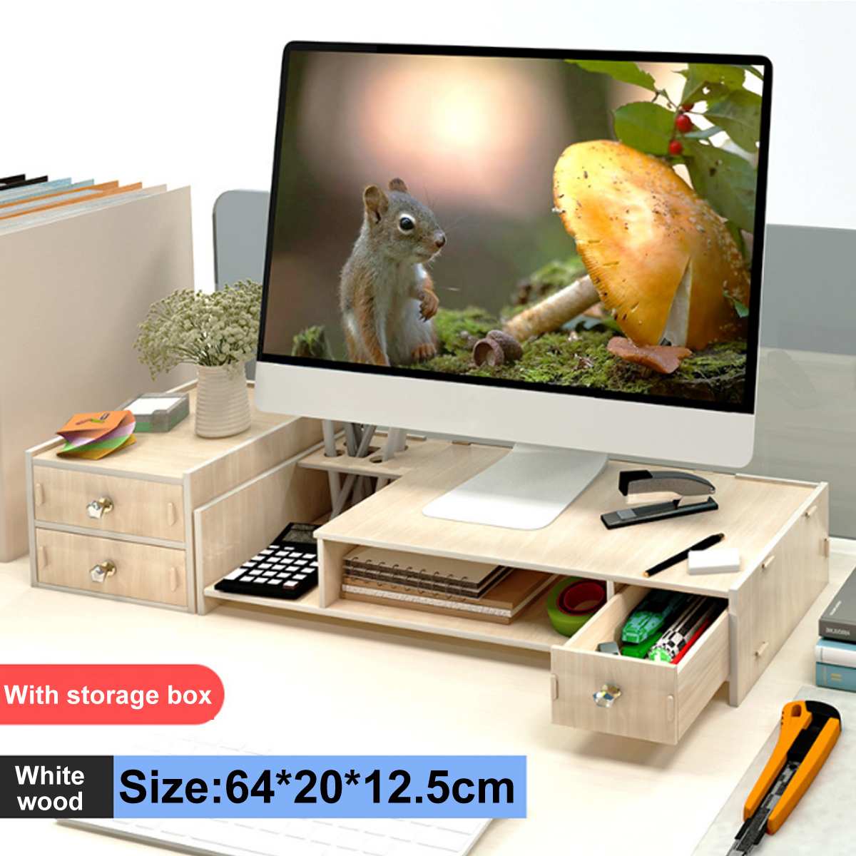 Computer Monitor Riser Desktop Stand Wood Shelf Plinth Strong Laptop Stand Desk Holder Monitor Holder with Storage Box Organizer: White Wood