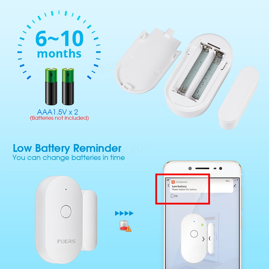 Fuers Tuya Smart Home WiFi Sensor de puerta Detectores de puerta abierta Sistema de alarma de protección de seguridad Alerta de seguridad para el hogar Alarma de seguridad