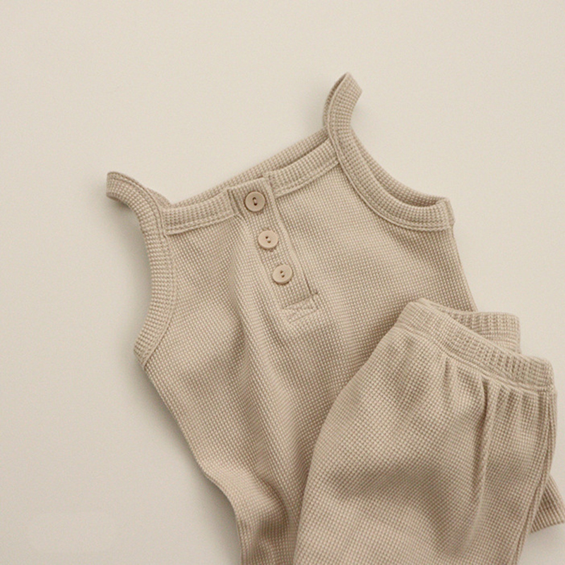 2 pezzi neonato morbido cotone vestiti della neonata bambino lavorato a maglia Sling pigiama vestiti del neonato estate indumenti da notte Top pantaloncini pantaloni Set: Beige / 110(3-4 T)