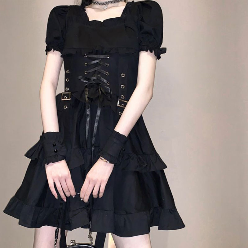 Victorian Renaissance Black Gothic Lolita Dress Japanese Girl Vintage Punk Style Puff Sleeve Bandage Mini Dress Women Dresses