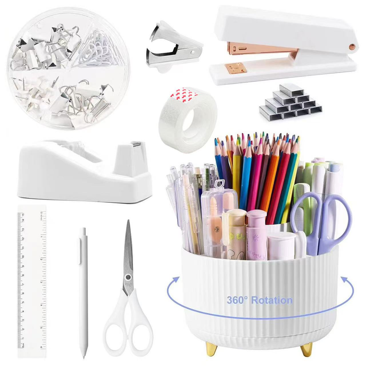 1 Set Desktop Office Stationery Set Stapler Tape Holder Scissors Nail Remover Stationery: WHITE