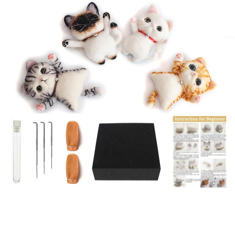 Kit de fieltro de aguja de gato broche para principiantes, contiene suficiente lana de fieltro y herramientas, Manual en inglés