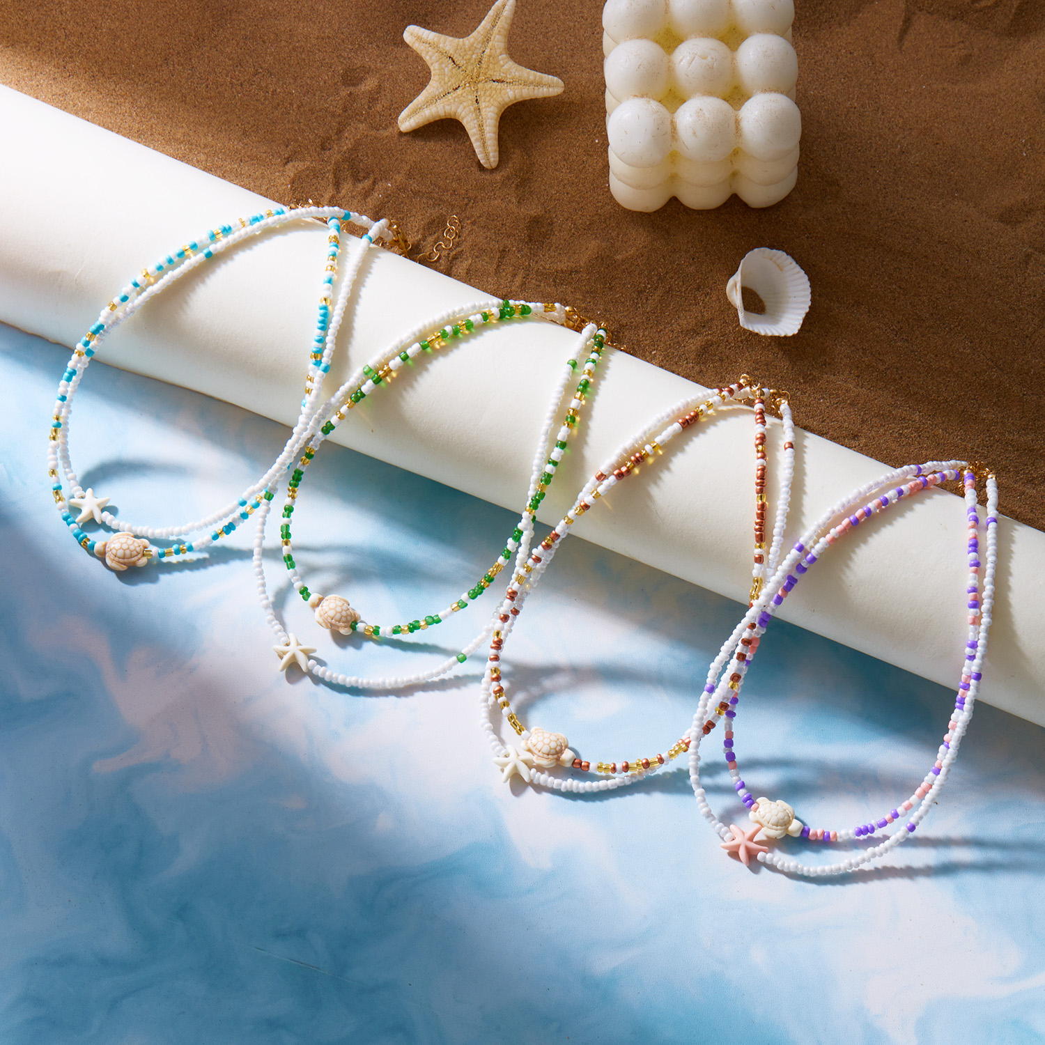 Collar bohemio con colgante de tortuga y estrella de mar con doble cuentas para mujer, gargantilla de cadena para clavícula con cuentas de semillas coloridas, joyería para en la playa