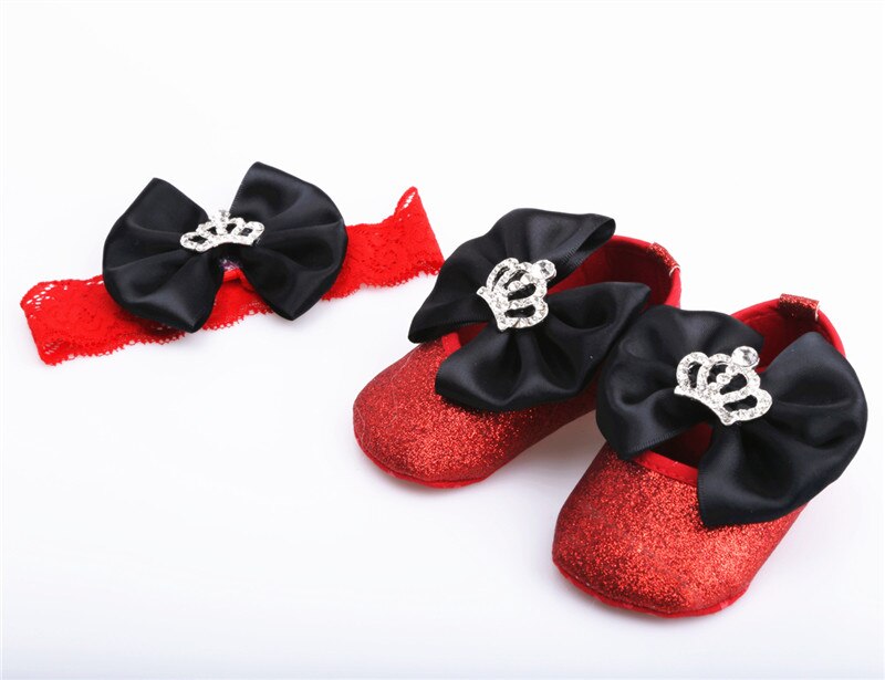 Dollbling designade baby småbarn skor aprikos blomma rosett diamant kronsmycken baby flicka baby skor pannband: Röd och svart / 3