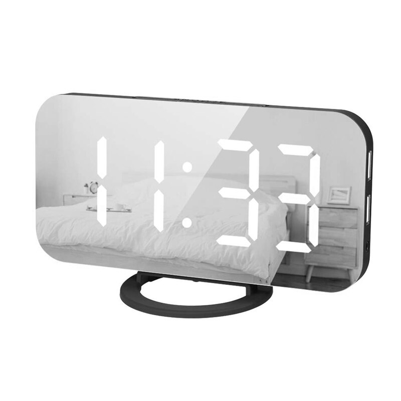 LED Digital Alarm Clock with Large White Font Display Mirror Surface Snooze Function for Bedroom Children's Rooms Office