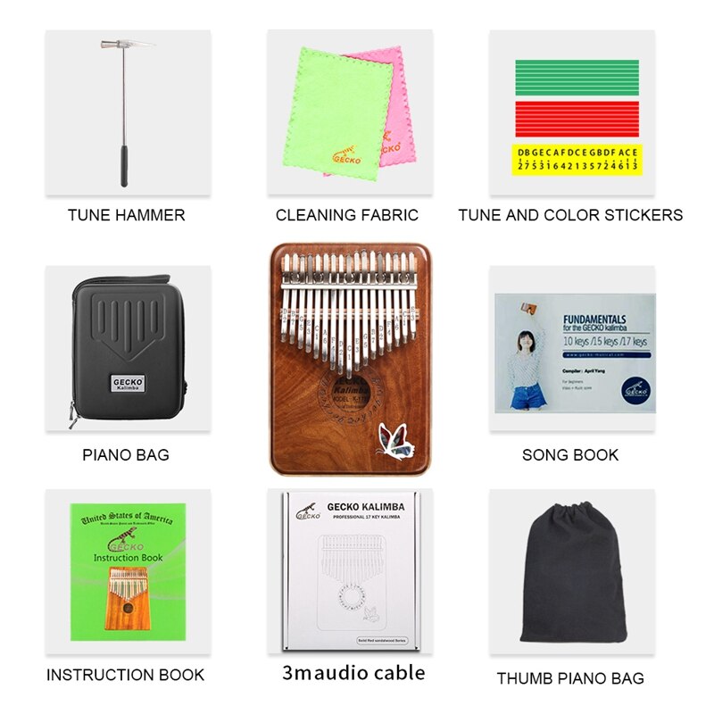 GECKO 17 Key Kalimba K17SD Thumb Piano Solid Red Sandalwood Musical Instrument for Kids Adult