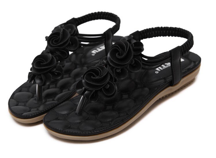 Sandalias étnicas De verano para Mujer, plataforma De flores, tacón plano, Punta abierta, banda elástica, informales, para playa y aire libre: Black / 10