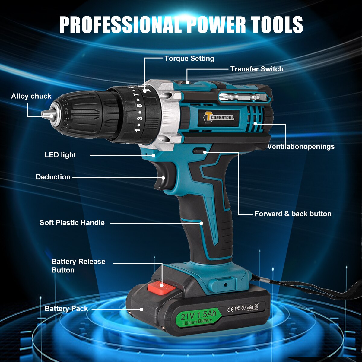 CONENTOOL – Kits de perceuse sans fil 21V, tournevis électrique 34 pièces brossé avec calibrage Horizontal, piles au Lithium, boîte à outils domestique