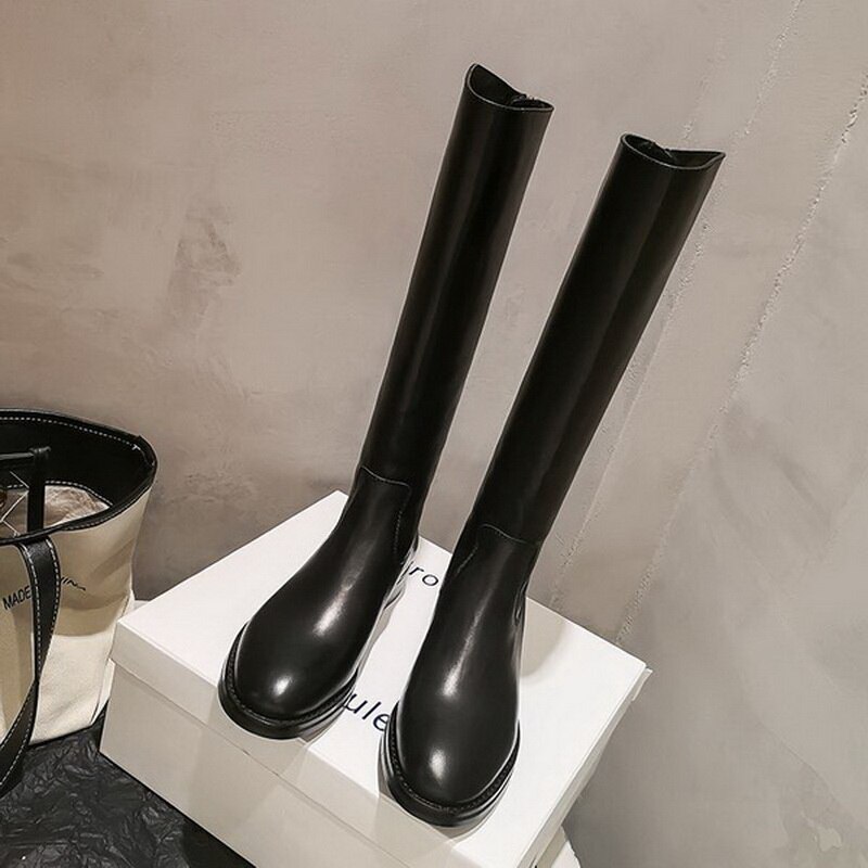 Dames hoge laarzen dames motorlaarzen lage hak herfst/winter schoenen warm pluche achterkant rits schoeisel ronde neus dames zwart