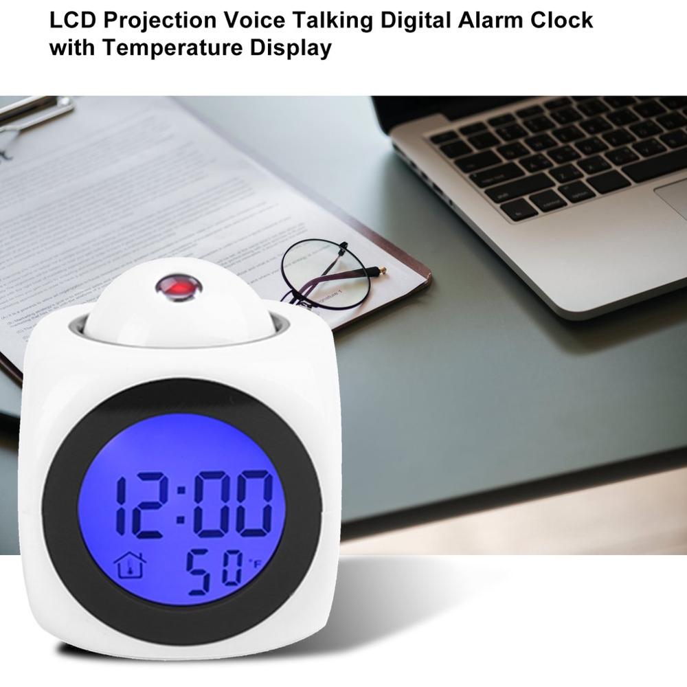 Multifunctionele lcd-projectie wekker met stemgeluid, digitale desktopklok met achtergrondverlichting en temperatuurweergave