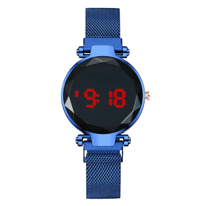 Reloj LED de lujo para mujer, pulsera magnética, collar, pendientes, anillo, reloj de vestir Digital de oro rosa, reloj de pulsera de cuarzo para mujer: Azul