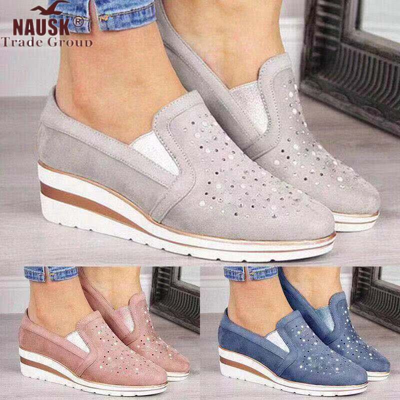 Women's Mesh Wedge Shoes Diamond Slip-on Cotton Casual Shoes for Woman Walking Sneakers Loafers Soft Shoes Zapato