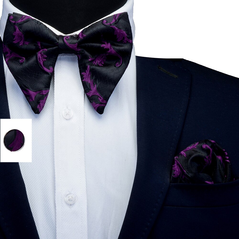 Pajarita grande para hombre, conjunto de gemelos, pañuelo Floral de doble pliegue, pajaritas Rojas, cuadrados de bolsillo para boda,: Morado