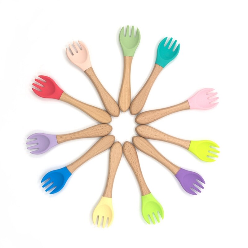 Hurtownia niemowlę silikonowy widelec ekologiczny widelec dla dzieci łatwe robić czyszczenia łyżka dla dzieci z drewnianym uchwytem prezent dla dziecka dla dzieci