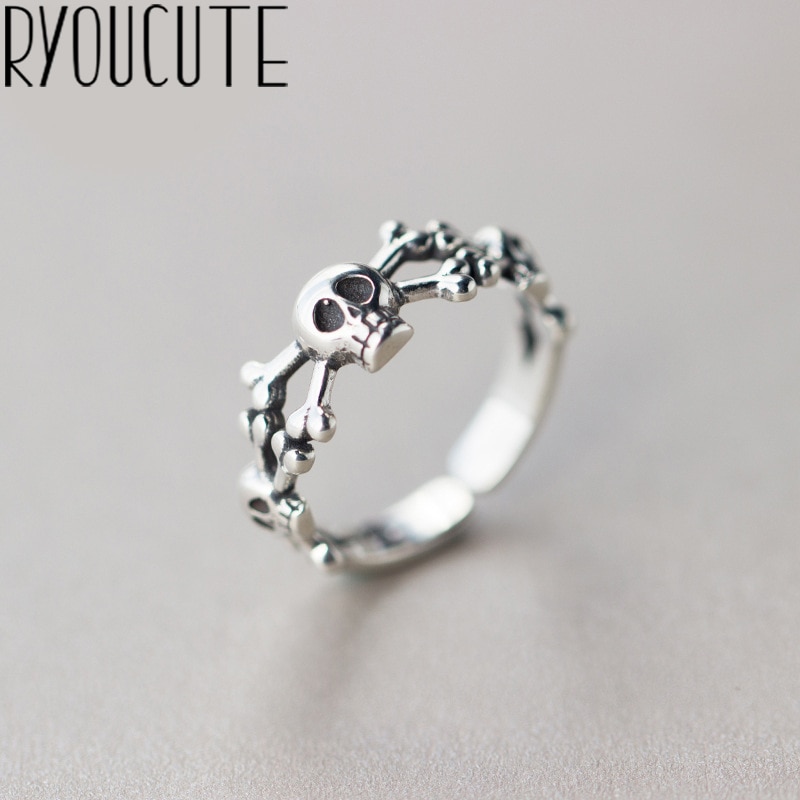 Ryoucute 100% Echt Zilver Kleur Retro Vintage Overdreven Persoonlijkheid Schedel Ringen Voor Vrouwen Verklaring Antieke Vinger Ring