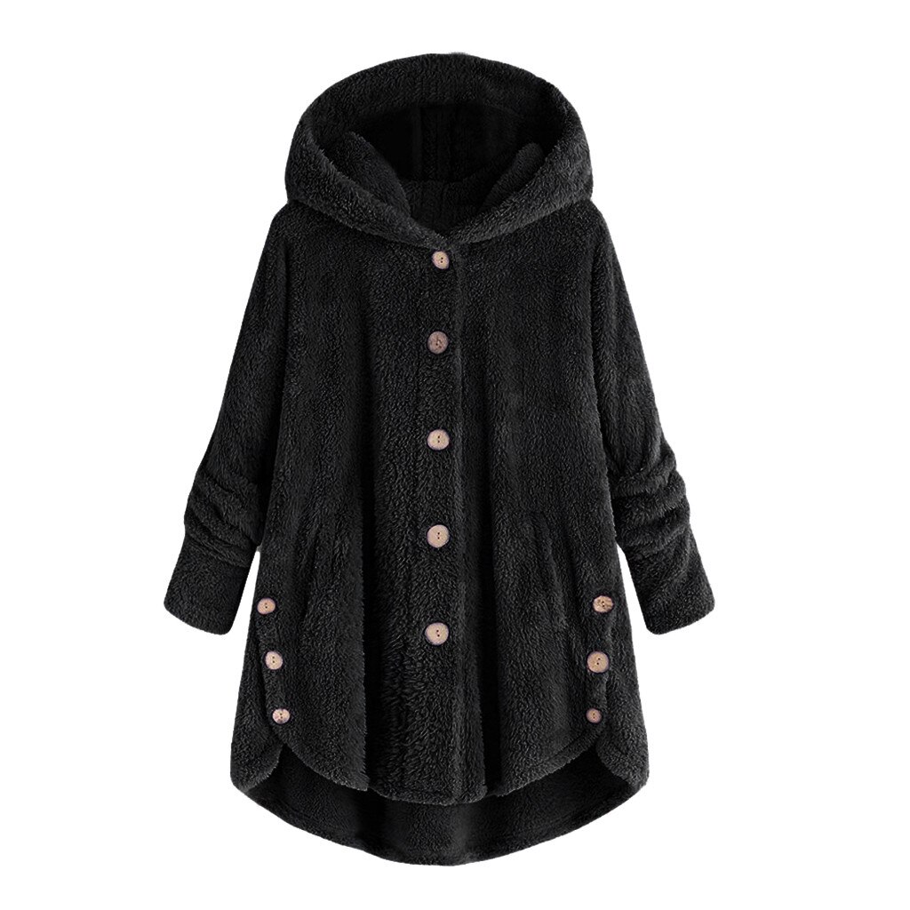 hiver manteau femmes femmes bouton manteau moelleux queue haut à capuche pull ample Blouse femme épais sweats à capuche pull: Black / S