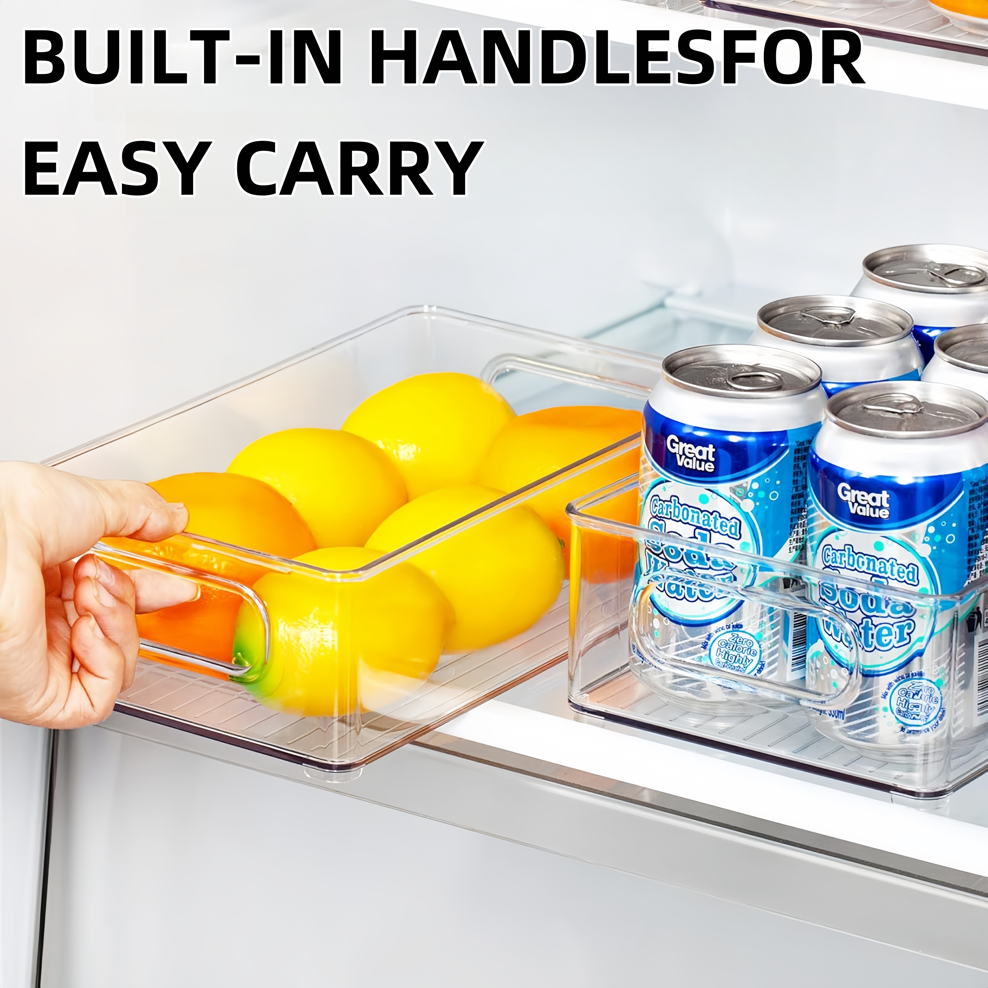 6 stk. køleskabsorganiseringskasser, multifunktionel stabelbar køleskabsopbevaringsboks til mad, med håndtag, til opbevaring af mad og drikkevarer i køkkenet