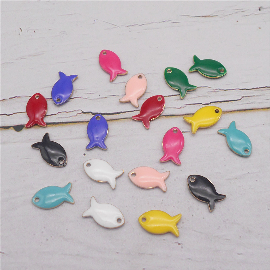 Julie Wang-abalorio de pez pequeño esmaltado de doble cara, pulsera con colgante de Animal de dibujos animados de cobre, Accesorio para hacer joyas, 9 piezas, 14x8mm